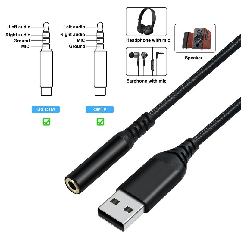 DTECH Cable adaptador de audio USB a 3,5 mm - DCH-2934 - Negro