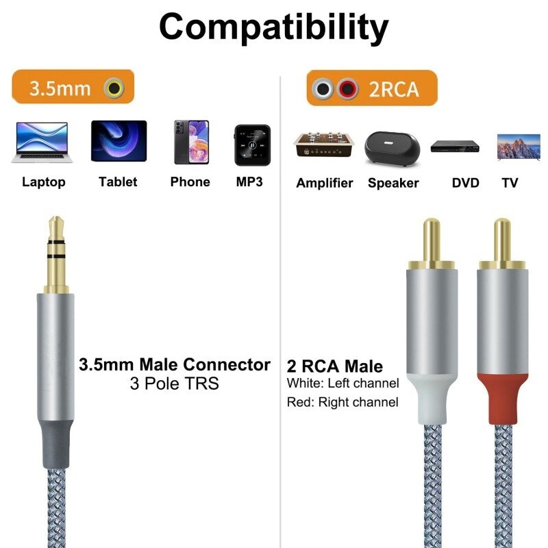 DTECH 3,5 mm til 2RCA lydkabel 1 m - DCH-2936 - Grå