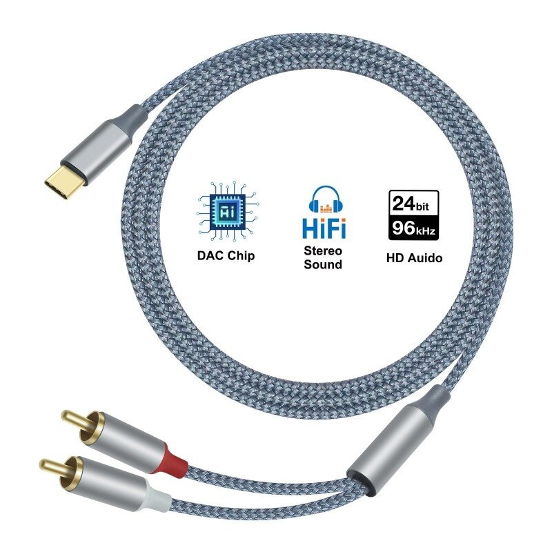DTECH USB-C naar 2RCA audiokabel 1 m - DCH-2937 - Grijs