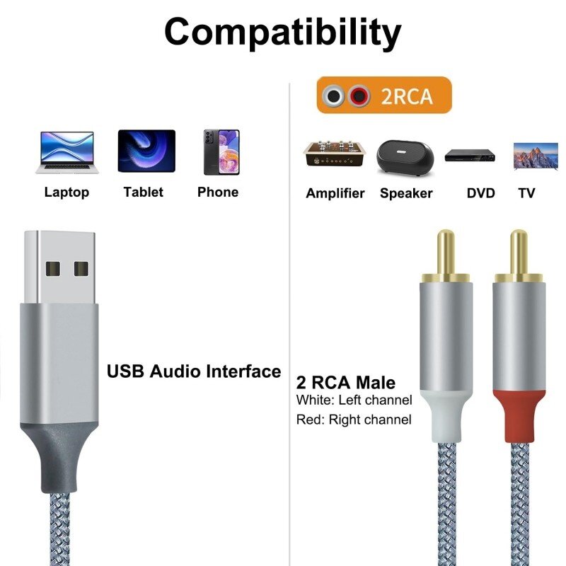 DTECH Cable de audio USB a 2RCA de 1 m - DCH-2938 - Gris