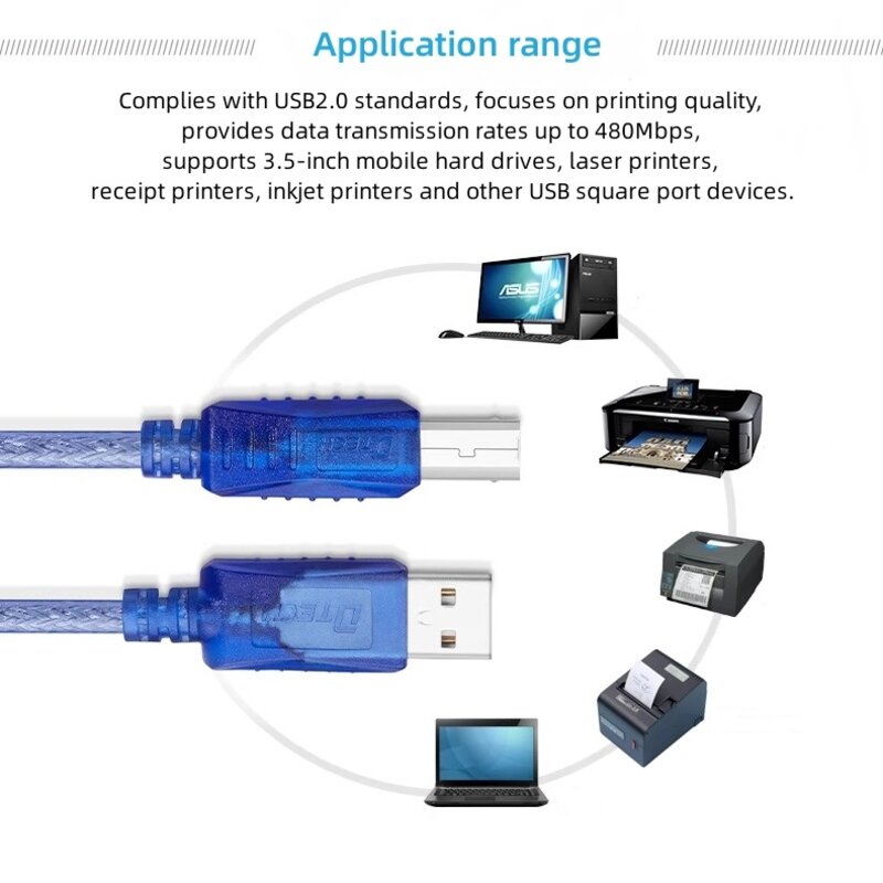 DTECH USB 2.0 printer cable AM-BM 1.8M - CU0093 - Blue