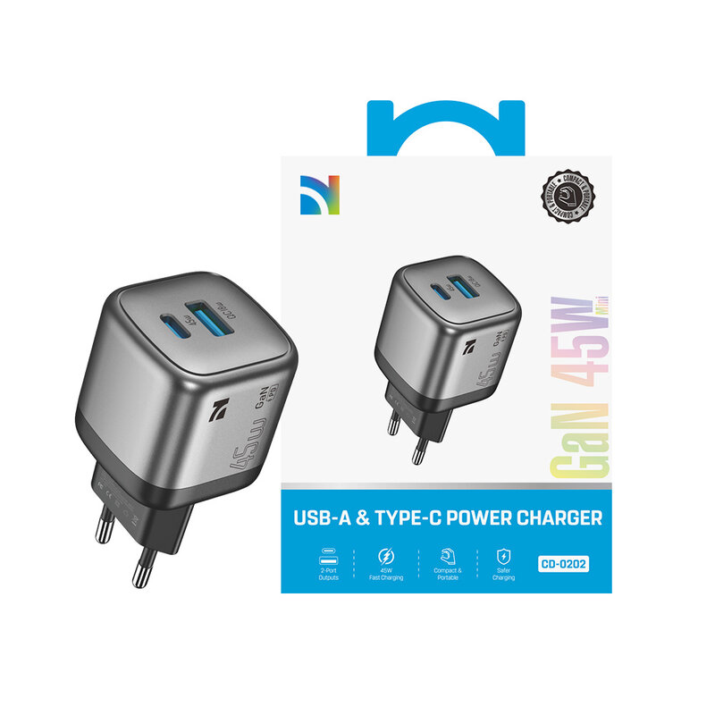 NCC Oplader Cargador NCC GaN RC Series CD-0202 de 45 W USB-A + C - Negro