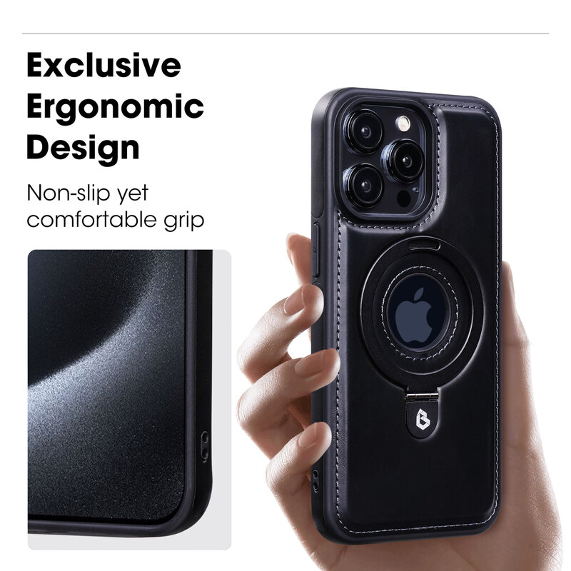 KaiYue Étui MagSafe aspect cuir avec support pour iPhone 16 - Noir