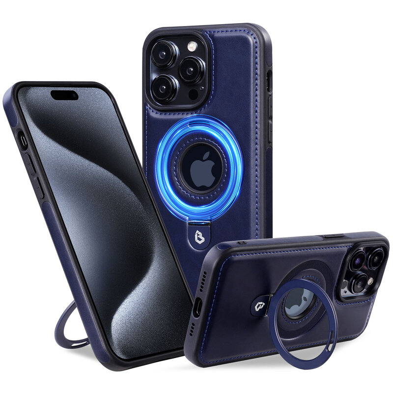 KaiYue Magsafe Lederlook met Standaard Hoesje voor iPhone 16 - Navy