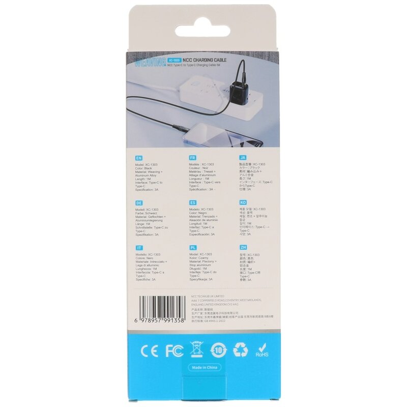 NCC Gevlochten + Aluminiumlegering C to C Kabel 1M Zwart