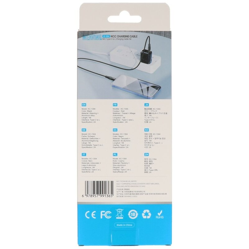 NCC Gevlochten + Aluminiumlegering C to L Kabel 1M Zwart