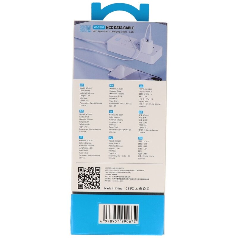 Cable de silicona NCC tipo C a L de 1,2 m y 36 W - Blanco