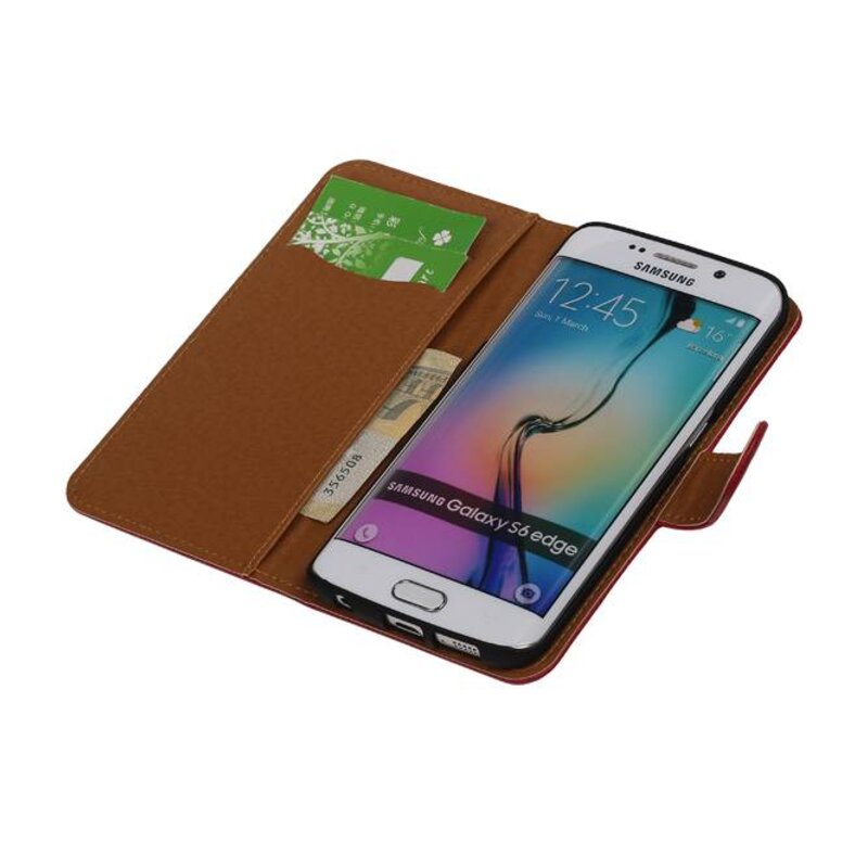 Vasket Læder Book Style Taske til Galaxy S6 Edge G925F Pink