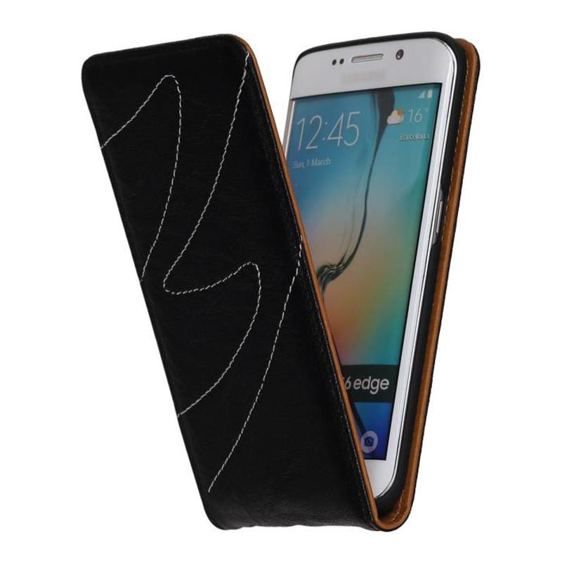 Vasket Læder Flip Taske til Galaxy S6 Edge G925F Sort