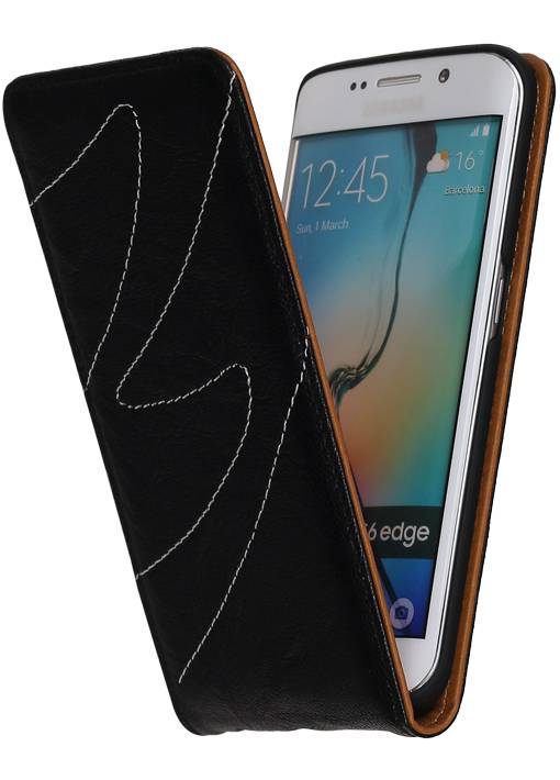 Vasket Læder Flip Taske til Galaxy S6 Edge G925F Sort