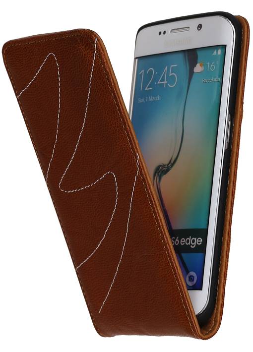 Vasket Læder Flip Taske til Galaxy S6 Edge G925F Brown