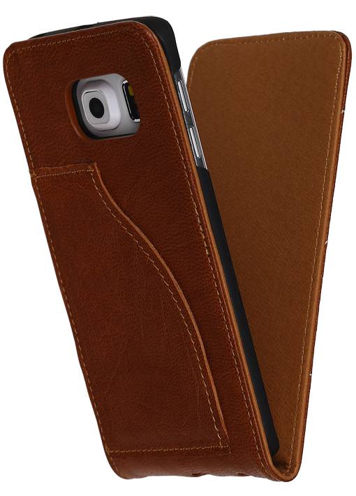 Vasket Læder Flip Taske til Galaxy S6 Edge G925F Brown