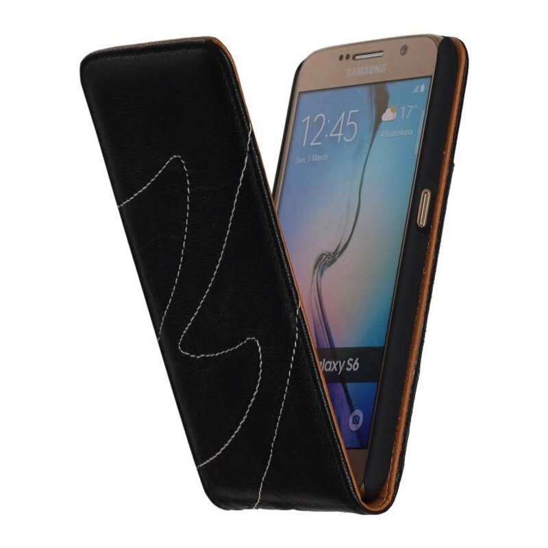 Vasket Læder Flip Taske til Galaxy S6 G920F Sort