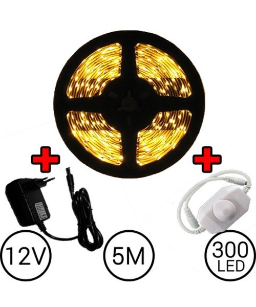 5 meter LED Strip Set Warm Wit Compleet met Dimmer