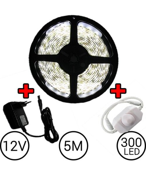 5 meter LED Strip Set Helder Wit Compleet met Dimmer