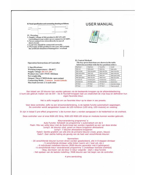 RGB ledstrip Infrarood controller met afstandsbediening 48 knoppen