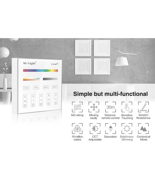 Milight / MiBoxer Draadloos 2,4Ghz Wandpaneel 4 Zone RGB+CCT