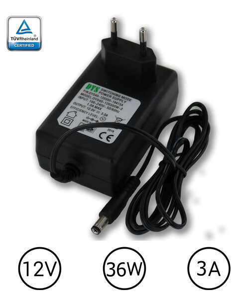 DYS LEDstrip voedingsadapter 12V - 3A – 36 Watt - TÜV keurmerk - Efficiëntielevel 5