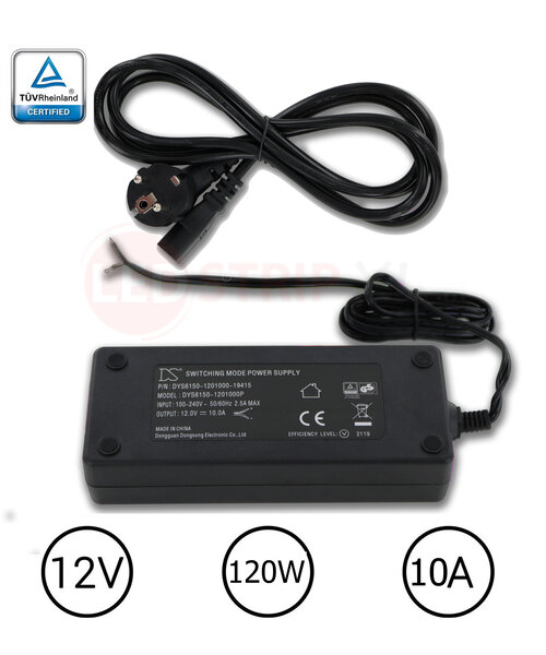 DYS LEDstrip voedingsadapter 12V - 10A – 120 Watt - TÜV keurmerk - Efficiëntielevel 5