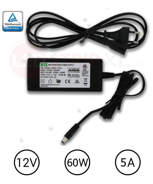 DYS LEDstrip voedingsadapter 12V - 5A – 60 Watt - TÜV keurmerk - Efficiëntielevel 5