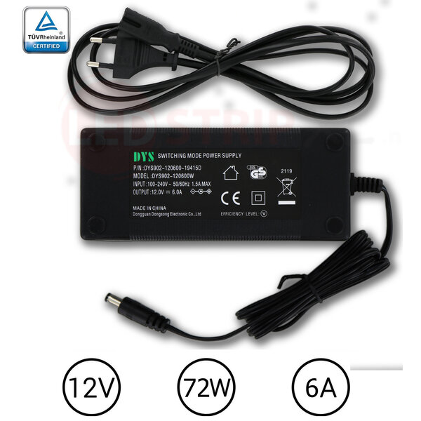 DYS LEDstrip voedingsadapter 12V - 6A – 72 Watt - TÜV keurmerk - Efficiëntielevel 5