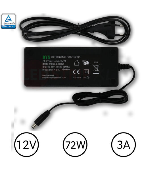 DYS LEDstrip voedingsadapter 24V - 3A – 72 Watt - TÜV keurmerk - Efficiëntielevel 5