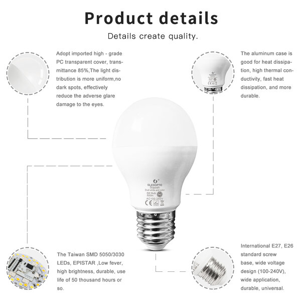 GLEDOPTO Zigbee PRO Color and White 6 Watt E27 Grote Fitting