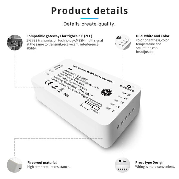 GLEDOPTO Zigbee PRO RGBW LED Strip Controller 12 ~ 54 Volt