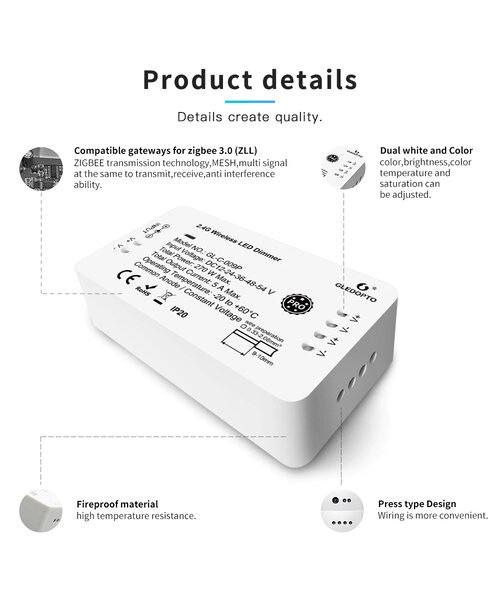 GLEDOPTO Zigbee PRO Single Color LED Strip Dim Controller 12 ~ 54 Volt