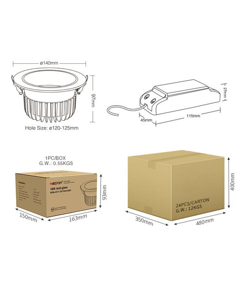 Milight / MiBoxer 18 Watt Anti-Glare RGB+CCT LED Downlight FUT072