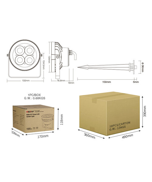 Milight / MiBoxer 18 Watt 230 Volt RGB+CCT IP66 Tuinspot FUTC09