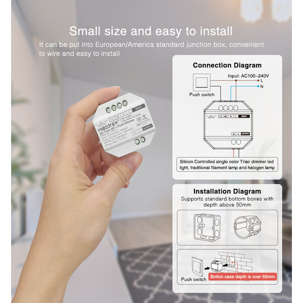 Milight / MiBoxer TRIAC Inbouw ELV LED RF 2.4Ghz AC 230v Dimmer met PushDim