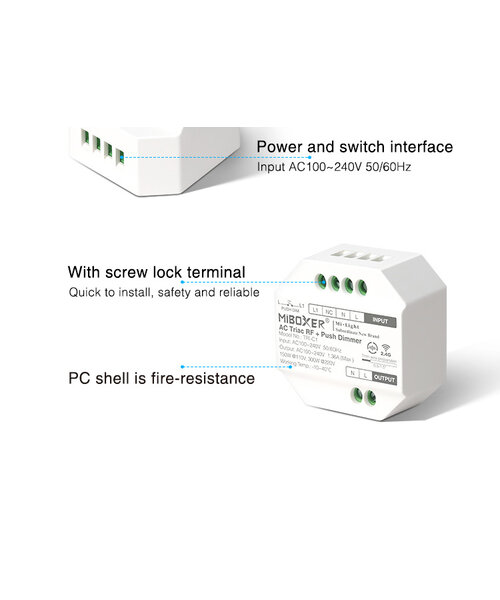 Milight / MiBoxer TRIAC Inbouw ELV LED RF 2.4Ghz AC 230v Dimmer met PushDim