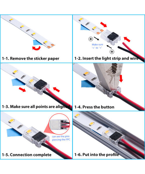 Ledstrip connector strip naar draad voor IP20 strips 8mm