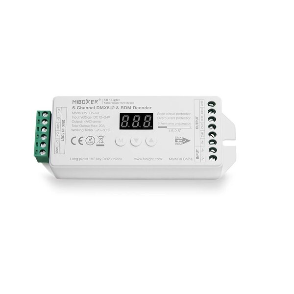 Milight / MiBoxer 5 Kanaals DMX512 & RDM Decoder voor RGB+CCT LEDStrips