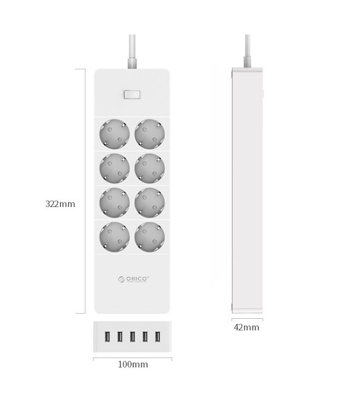 Orico stekkerdoos met acht stopcontacten en vijf USB-laadpoorten -  Incl. aan/uit schakelaar en overspanningsbeveiliging - Wit