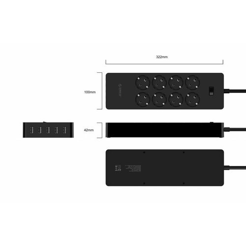 Orico stekkerdoos met acht stopcontacten en vijf USB-laadpoorten -  Incl. aan/uit schakelaar en overspanningsbeveiliging - Zwart