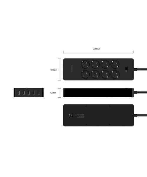 Orico stekkerdoos met acht stopcontacten en vijf USB-laadpoorten -  Incl. aan/uit schakelaar en overspanningsbeveiliging - Zwart