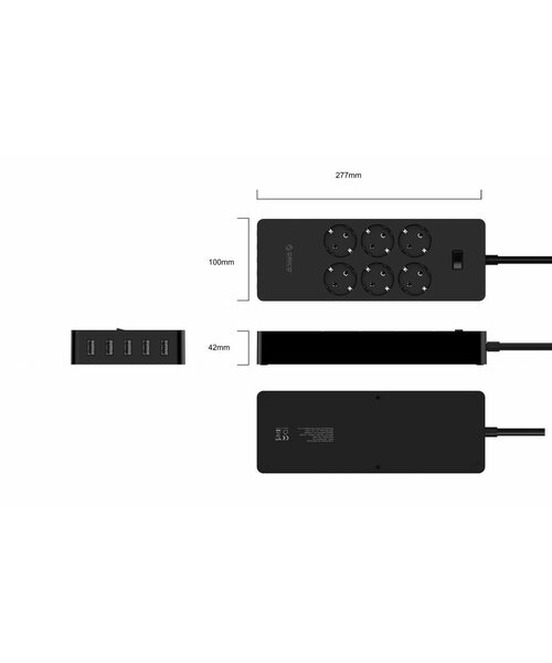 Orico USB stekkerdoos met zes stopcontacten en vijf USB-laadpoorten - Incl. aan/uit schakelaar - Zwart
