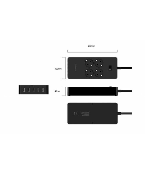 Orico USB stekkerdoos met vier stopcontacten en vijf USB-laadpoorten - 4000W - Incl. aan/uit schakelaar - Zwart