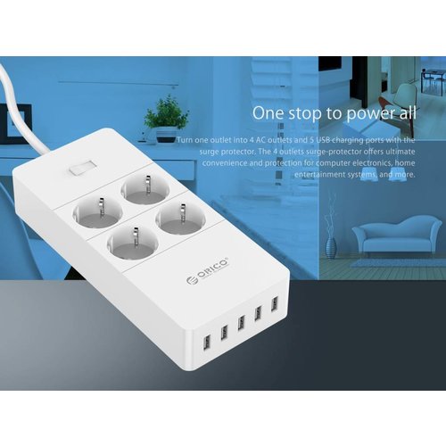 Orico stekkerdoos met vier stopcontacten en vijf USB-laadpoorten - 4000W - Incl. aan/uit schakelaar -  wit