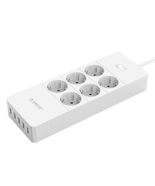 Orico stekkerdoos met zes stopcontacten en vijf USB-laadpoorten - 4000W - Incl. aan/uit schakelaar - wit