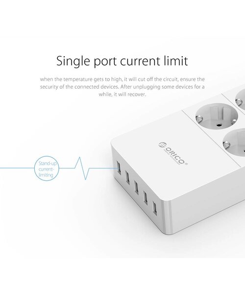 Orico stekkerdoos met zes stopcontacten en vijf USB-laadpoorten - 4000W - Incl. aan/uit schakelaar - wit