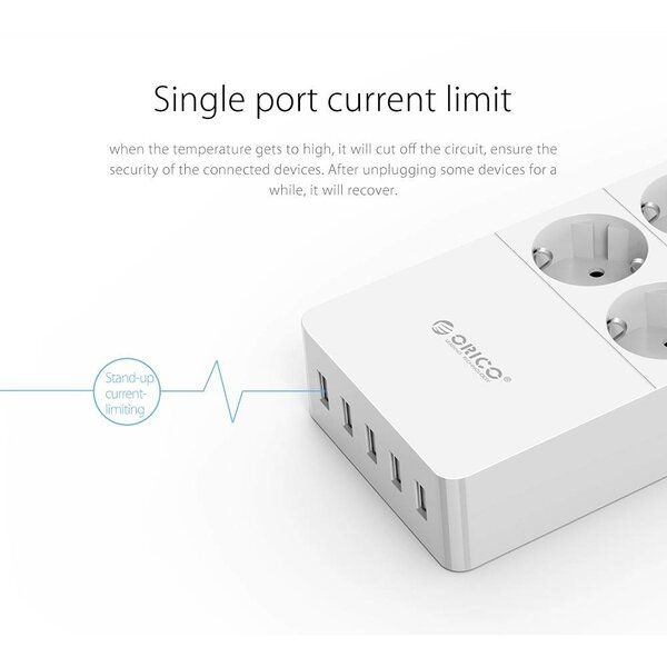 Orico stekkerdoos met zes stopcontacten en vijf USB-laadpoorten - 4000W - Incl. aan/uit schakelaar - wit