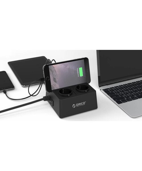 Orico Stekkerdoos met 5 USB-Laadpoorten en 2 Stopcontacten - Tablet/Smartphone Standaard - 2500W - Incl. aan/uit schakelaar en overspanningsbeveiliging - Zwart