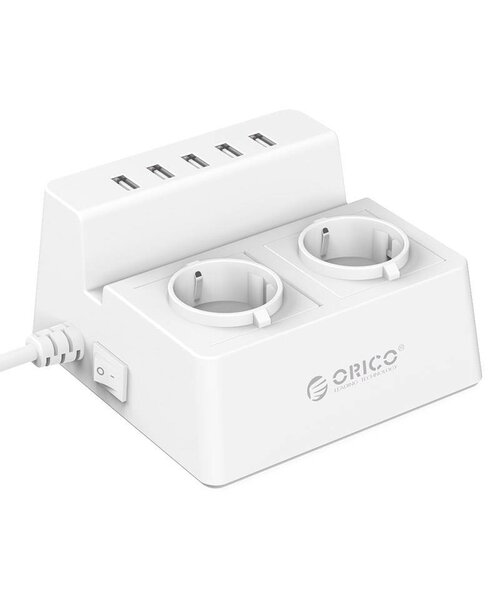 Orico Stekkerdoos met 2 Stopcontacten en 5 USB-Laadpoorten - Tablet/Smartphone Standaard - 2500W - Incl. aan/uit schakelaar en overspanningsbeveiliging - Wit