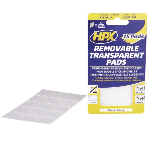 HPX Dubbelzijdige verwijderbare transp. pads (15 stuks)  25mm x 25mm transparant