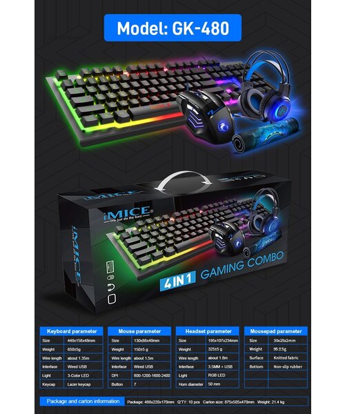 iMice 4-in-1 Gaming set met muis, toetsenbord, koptelefoon en muismat - RGB verlichting