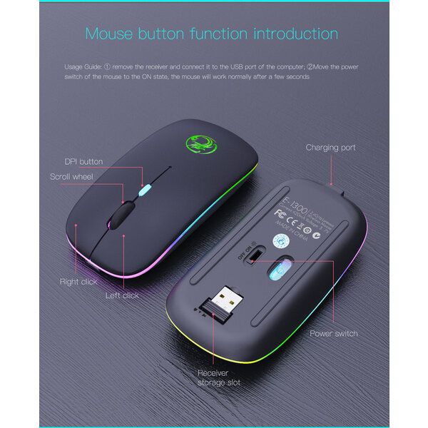 iMice Draadloze muis met RGB verlichting - oplaadbaar - 4 knoppen - Instelbare DPI - 2.4Ghz en Bluetooth