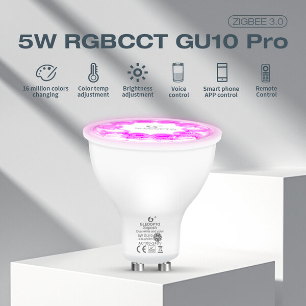 GLEDOPTO Zigbee PRO Color and White 5 Watt GU10 Spot 30° lens